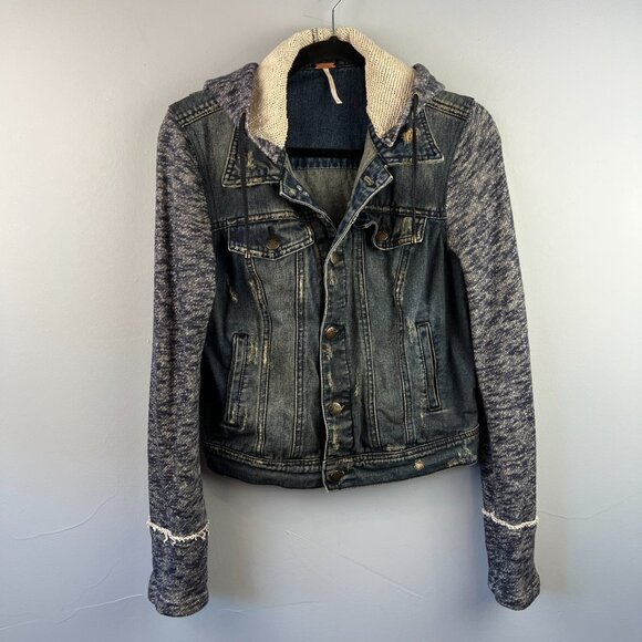 Free People Mixed Media Distressed Cropped Hooded Denim Knit Jean Jacket Size S - Picture 3 of 12